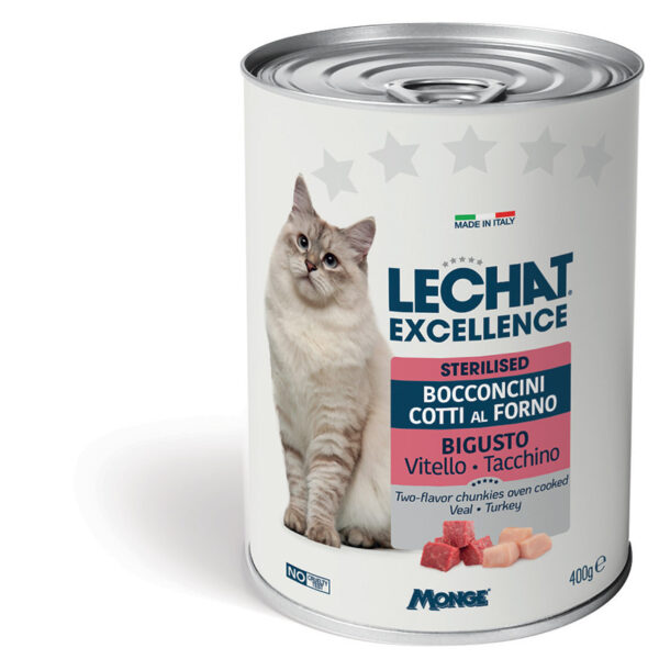 ლეჩატ ექსელენსი - სტერილიზებული კატებისთვის ნაჭრები სოუსში ორი გემოთი: ხბოსა და ინდაურის ხორცი 400 გრ